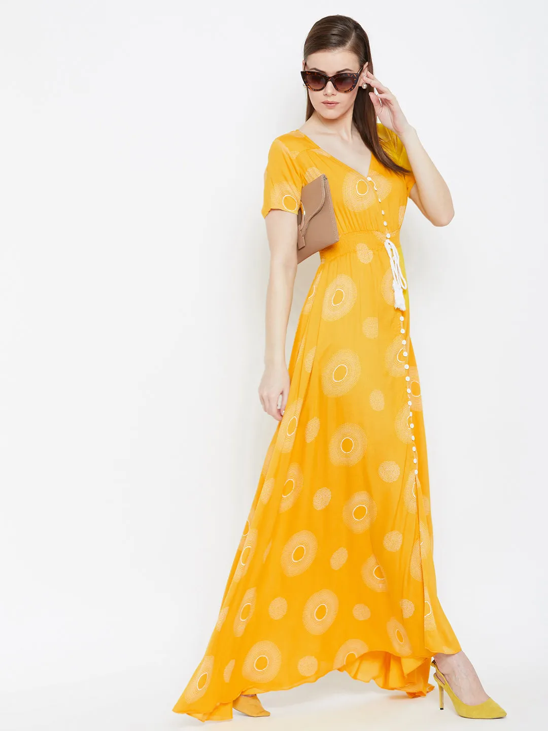 Berrylush Women Yellow & White Geometric Printed V-Neck Crepe Smocked Maxi Dress
