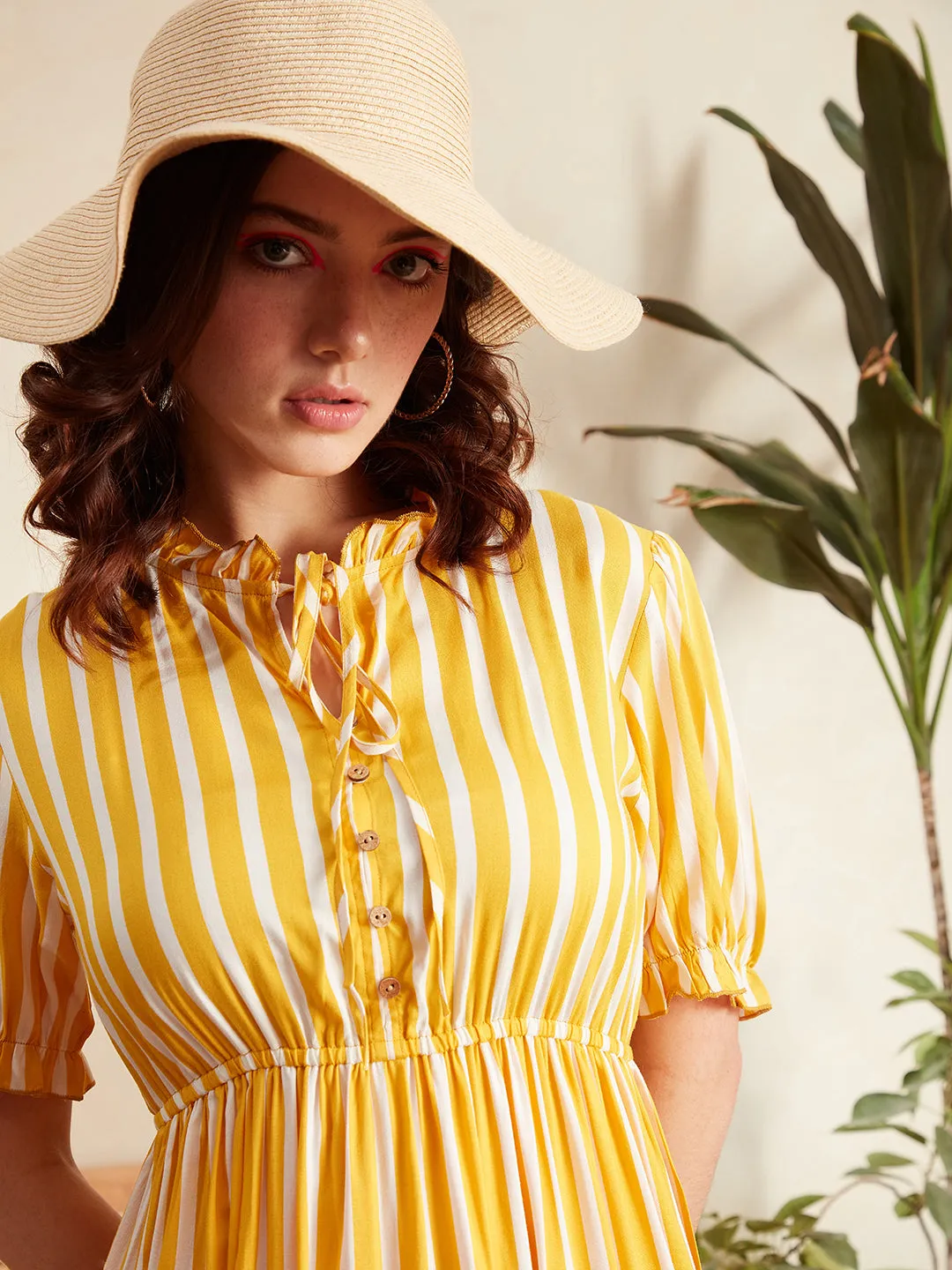 Berrylush Women Yellow & White Vertical Striped Print Tie-Up Neck Flutter Sleeve Viscose Rayon Layered Maxi Dress