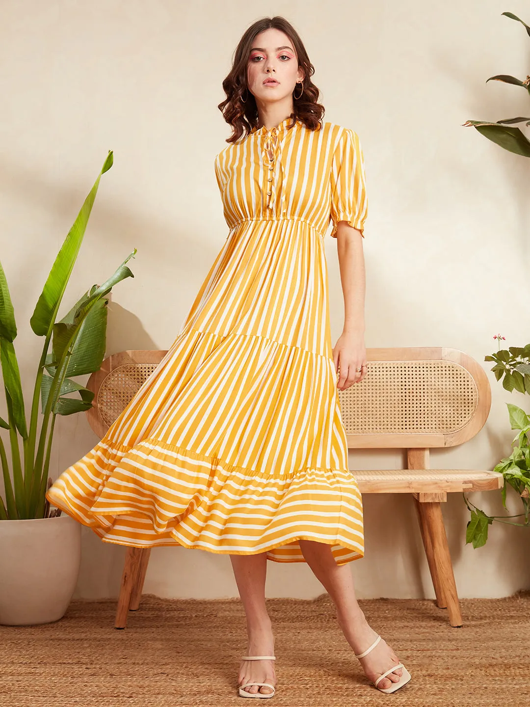 Berrylush Women Yellow & White Vertical Striped Print Tie-Up Neck Flutter Sleeve Viscose Rayon Layered Maxi Dress