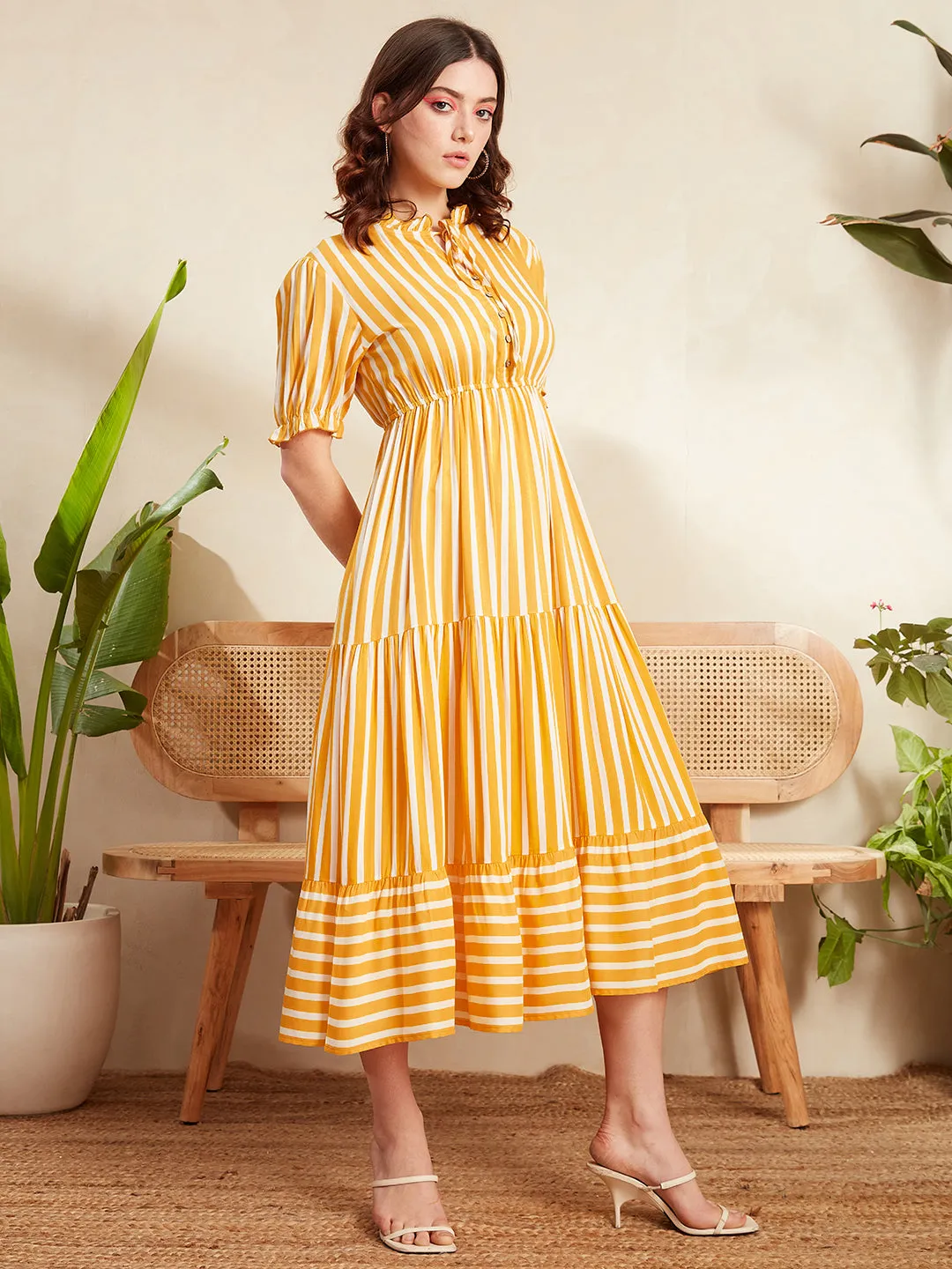 Berrylush Women Yellow & White Vertical Striped Print Tie-Up Neck Flutter Sleeve Viscose Rayon Layered Maxi Dress