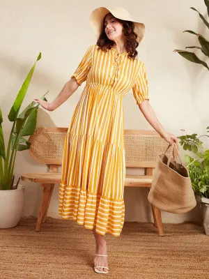 Berrylush Women Yellow & White Vertical Striped Print Tie-Up Neck Flutter Sleeve Viscose Rayon Layered Maxi Dress