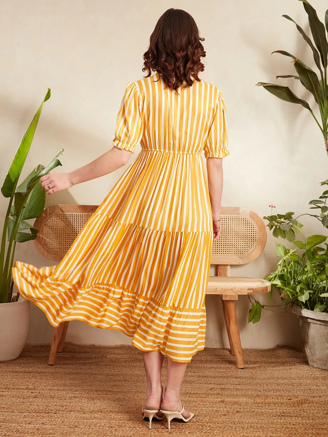 Berrylush Women Yellow & White Vertical Striped Print Tie-Up Neck Flutter Sleeve Viscose Rayon Layered Maxi Dress