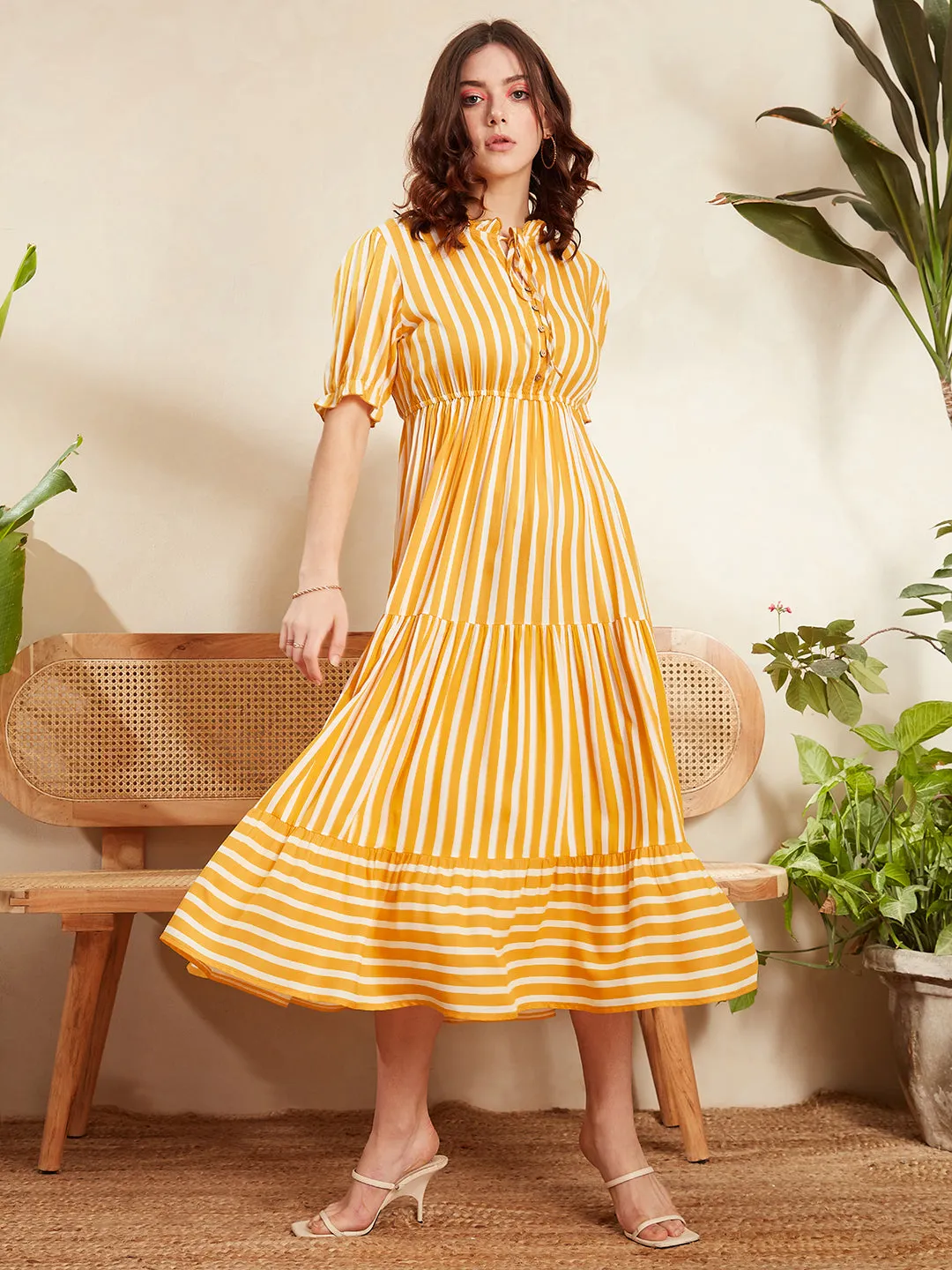 Berrylush Women Yellow & White Vertical Striped Print Tie-Up Neck Flutter Sleeve Viscose Rayon Layered Maxi Dress