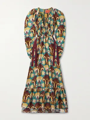 Biennale gathered printed silk-twill maxi dress