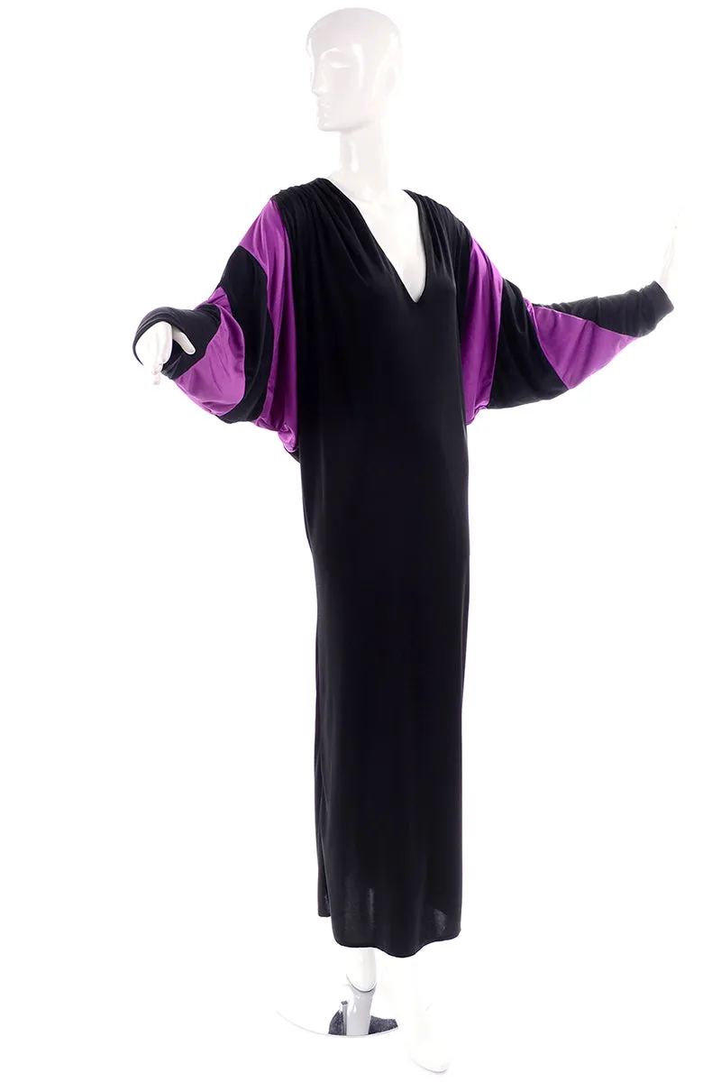 Bill Tice Vintage Black & Purple Jersey Dress W Batwing Sleeves