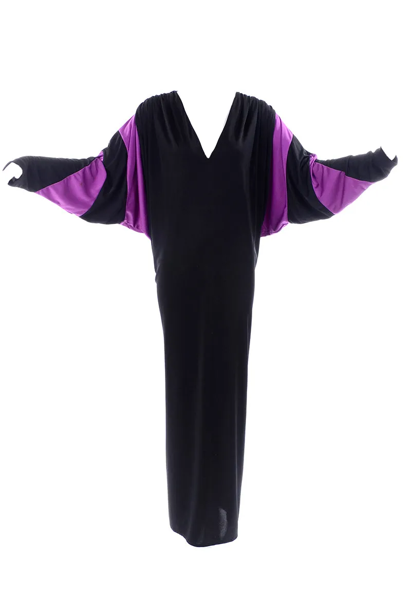 Bill Tice Vintage Black & Purple Jersey Dress W Batwing Sleeves