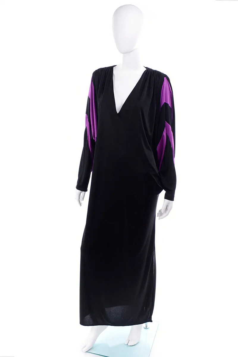 Bill Tice Vintage Black & Purple Jersey Dress W Batwing Sleeves