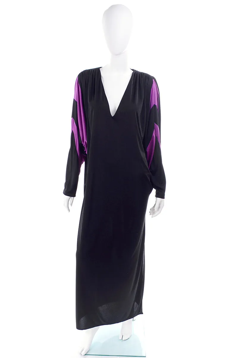 Bill Tice Vintage Black & Purple Jersey Dress W Batwing Sleeves