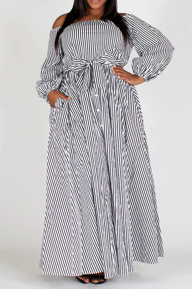 Black and White Striped Off-Shoulder Dress