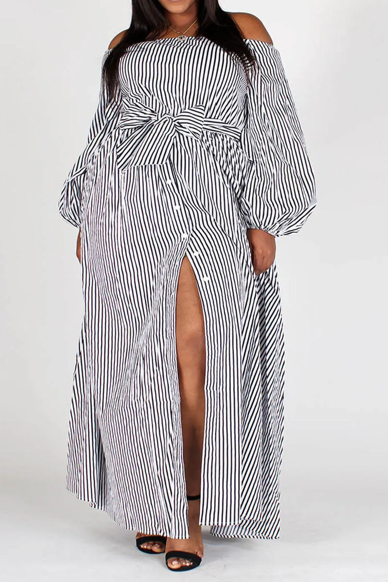 Black and White Striped Off-Shoulder Dress