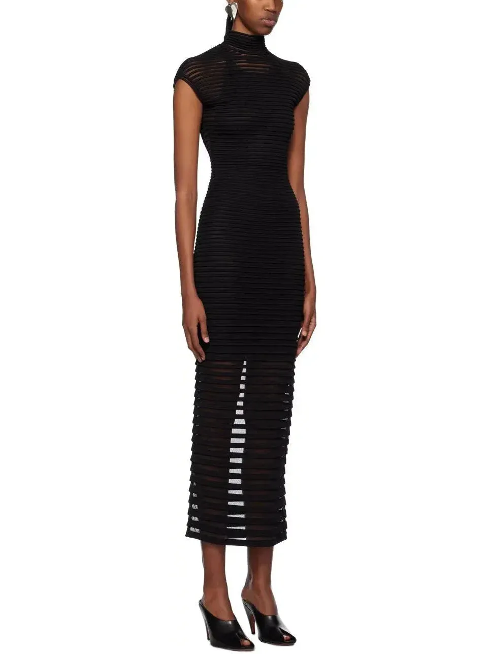 Black Backless Striped Semi-Sheer Maxi Dress