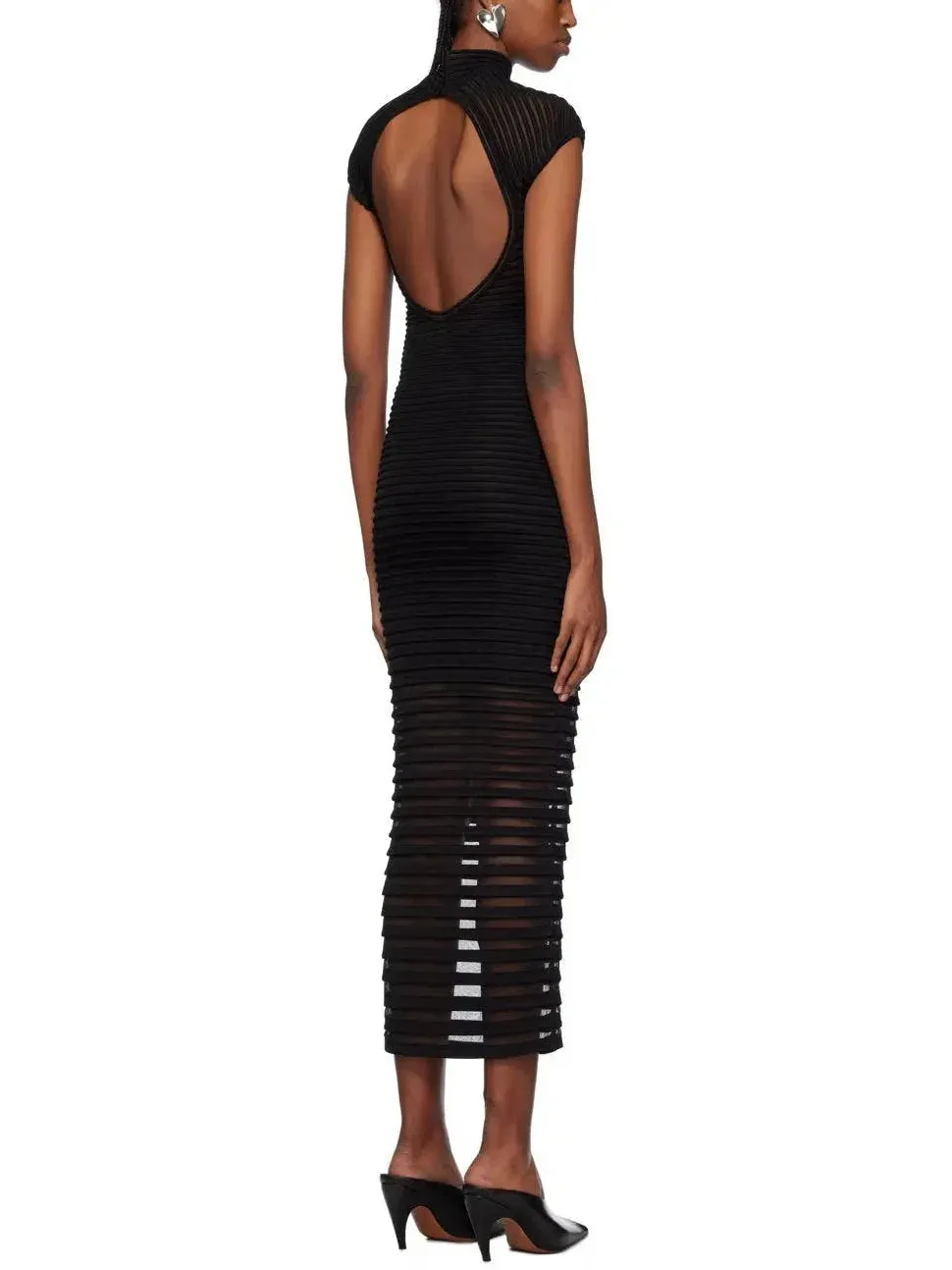 Black Backless Striped Semi-Sheer Maxi Dress