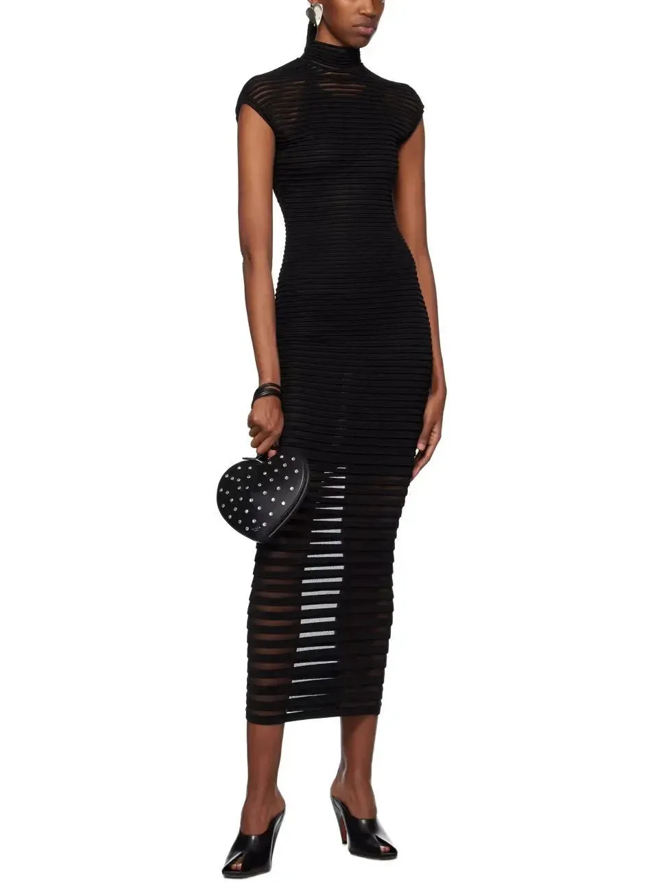 Black Backless Striped Semi-Sheer Maxi Dress