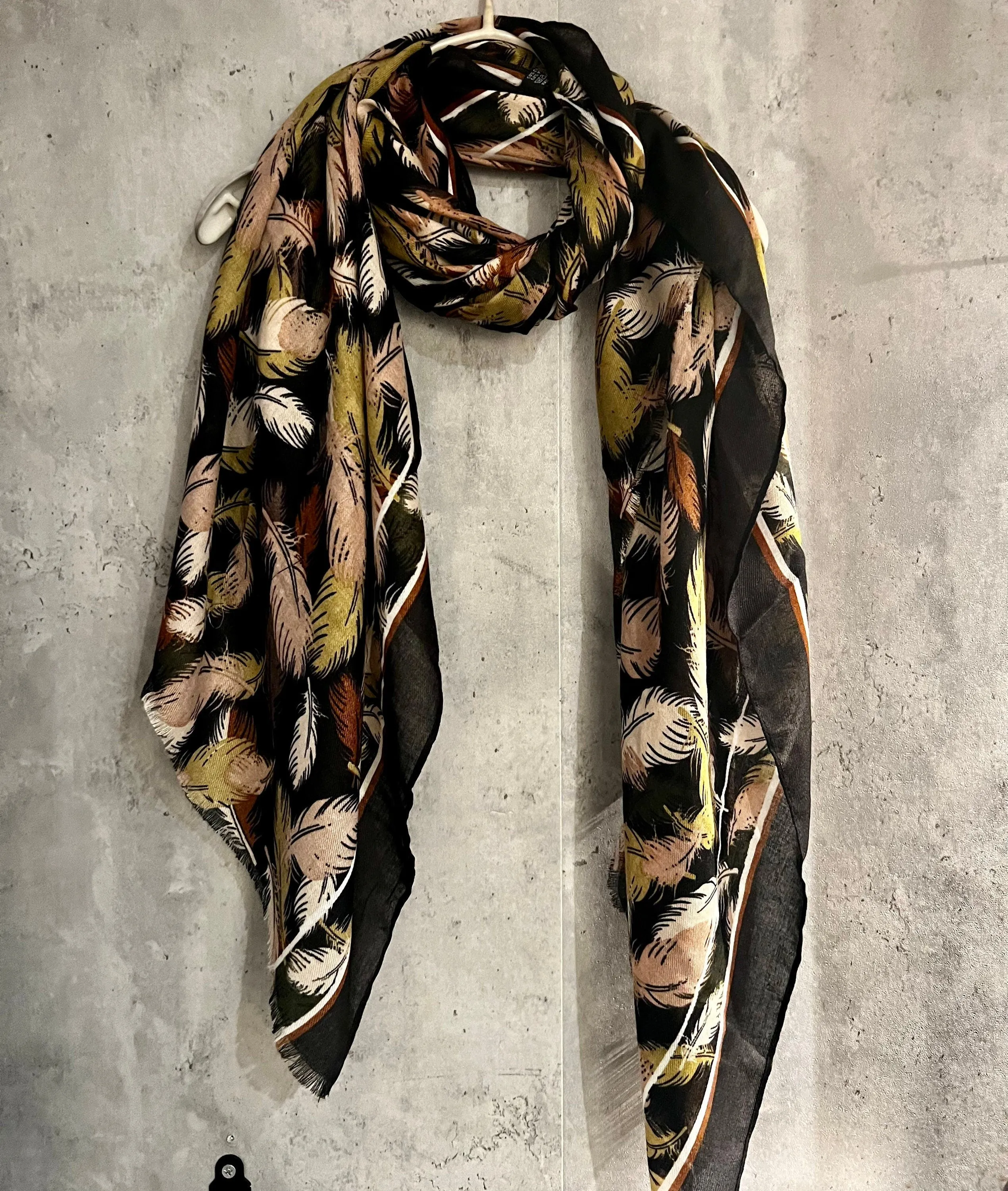 Black Cotton Scarf with Floating Green Beige Feathers – A Stylish and Versatile Gift for Her