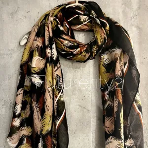 Black Cotton Scarf with Floating Green Beige Feathers – A Stylish and Versatile Gift for Her