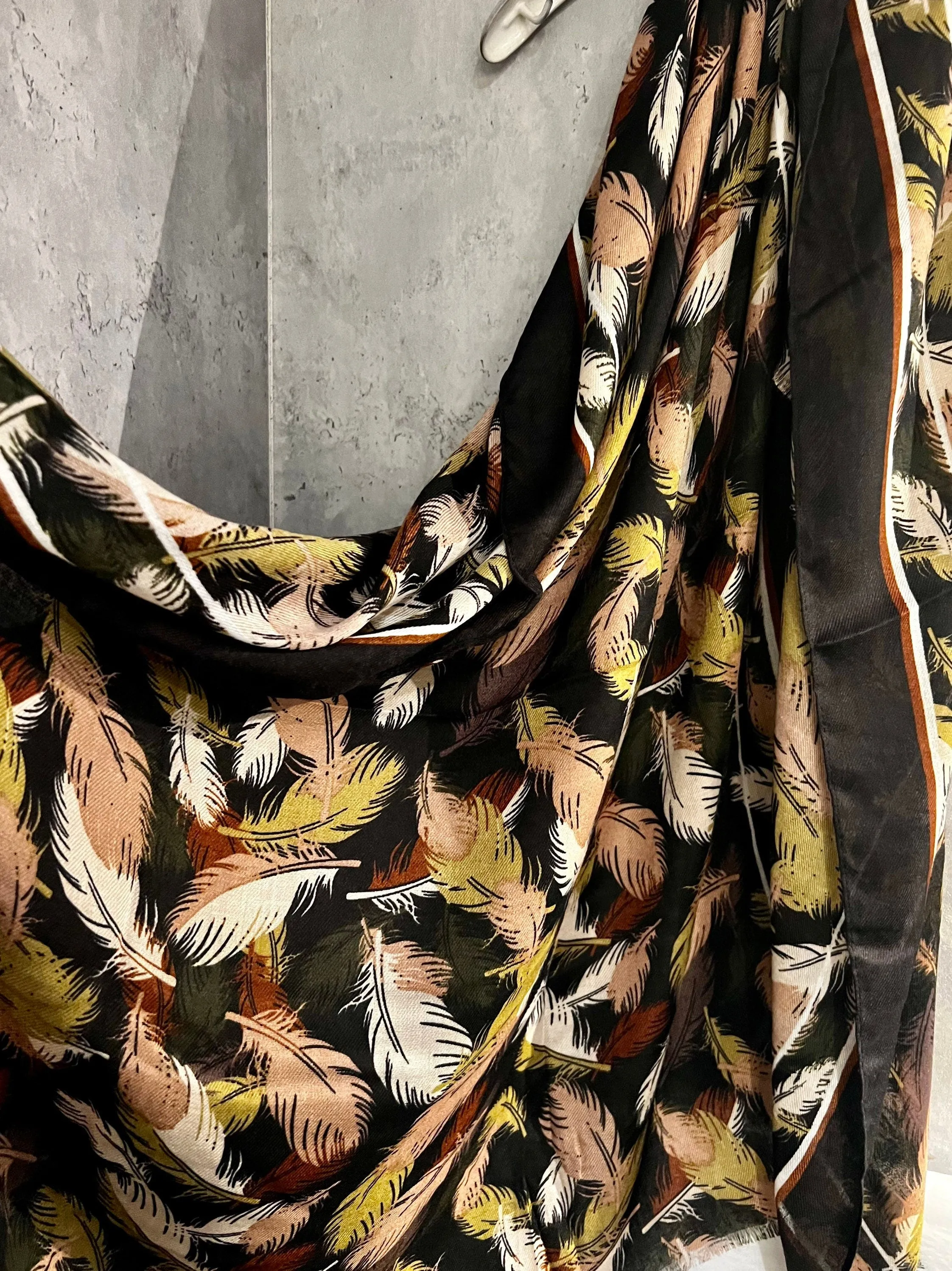 Black Cotton Scarf with Floating Green Beige Feathers – A Stylish and Versatile Gift for Her