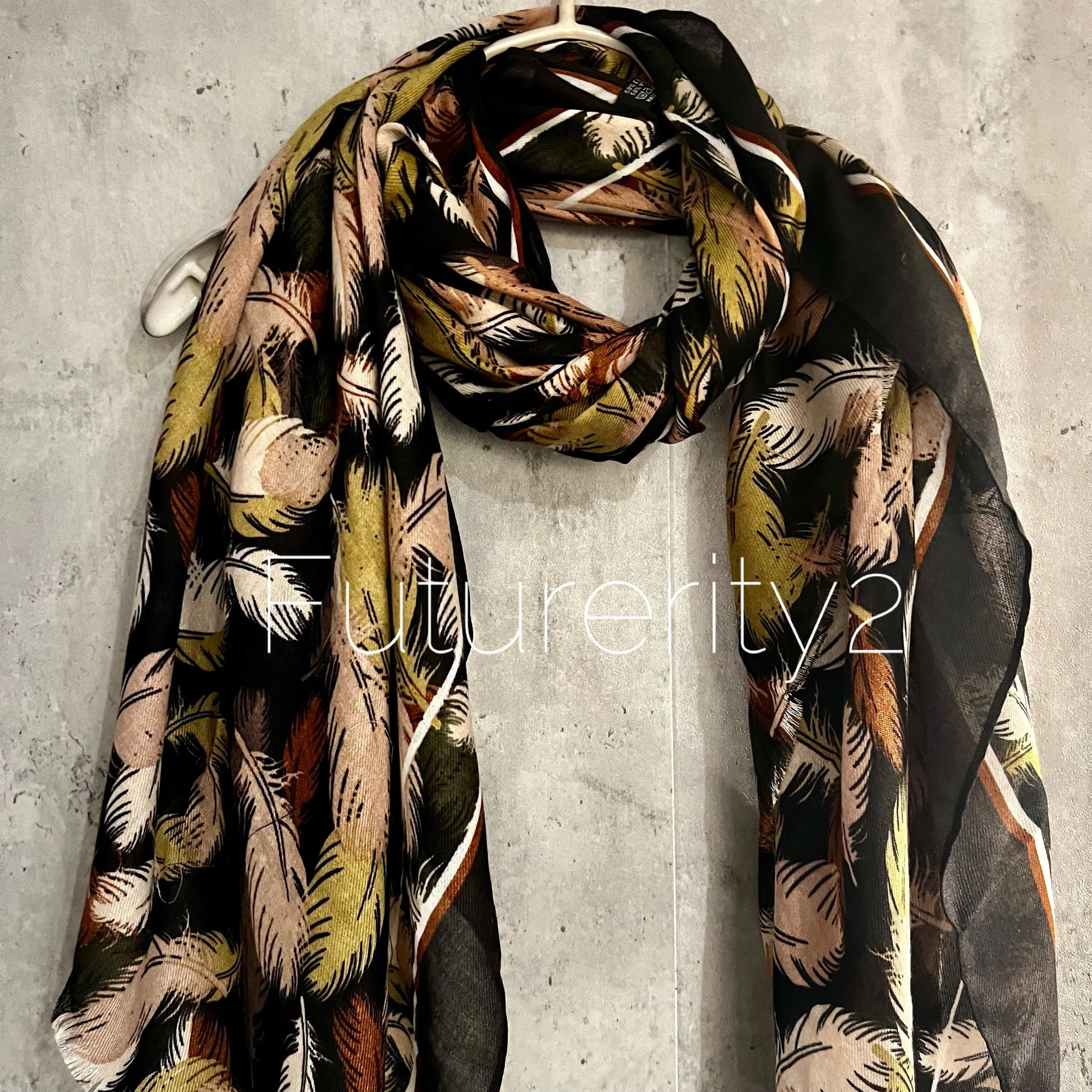 Black Cotton Scarf with Floating Green Beige Feathers – A Stylish and Versatile Gift for Her