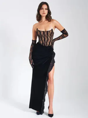 Black Lace Tube Charming Frill Slit Maxi Dress