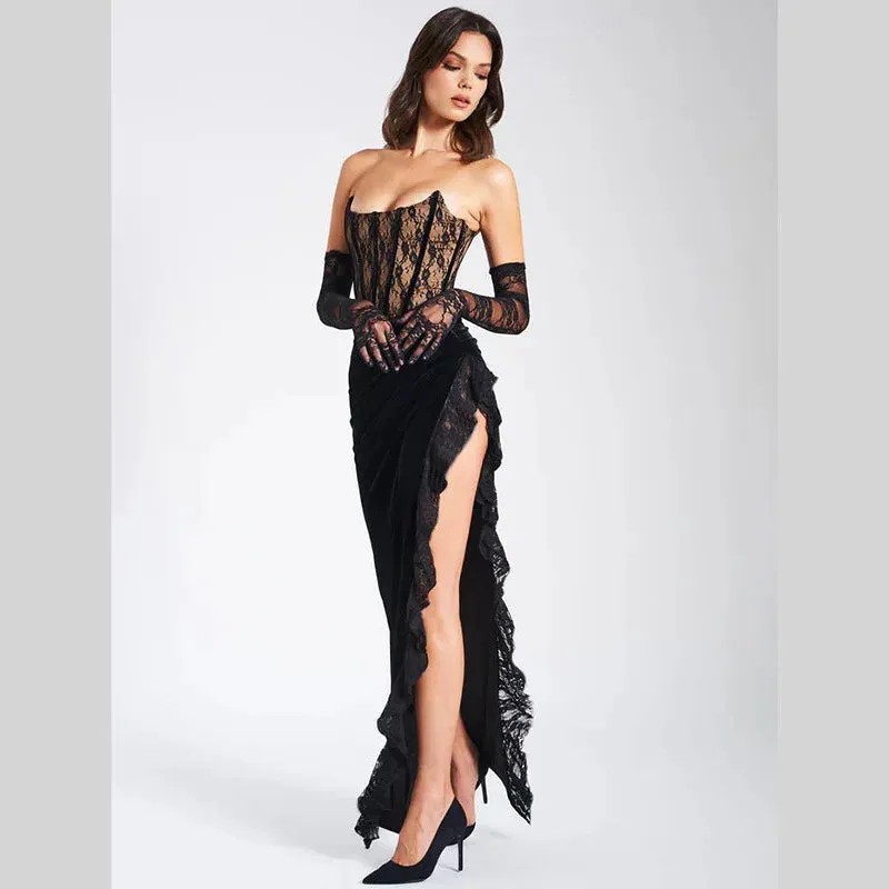 Black Lace Tube Charming Frill Slit Maxi Dress
