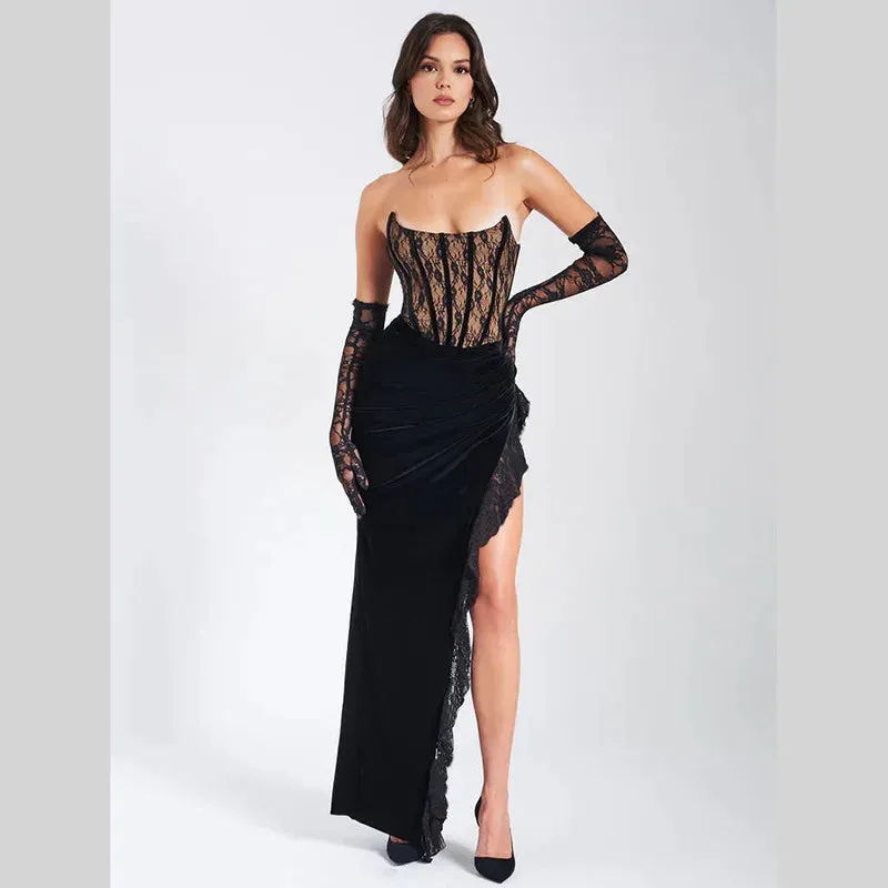 Black Lace Tube Charming Frill Slit Maxi Dress