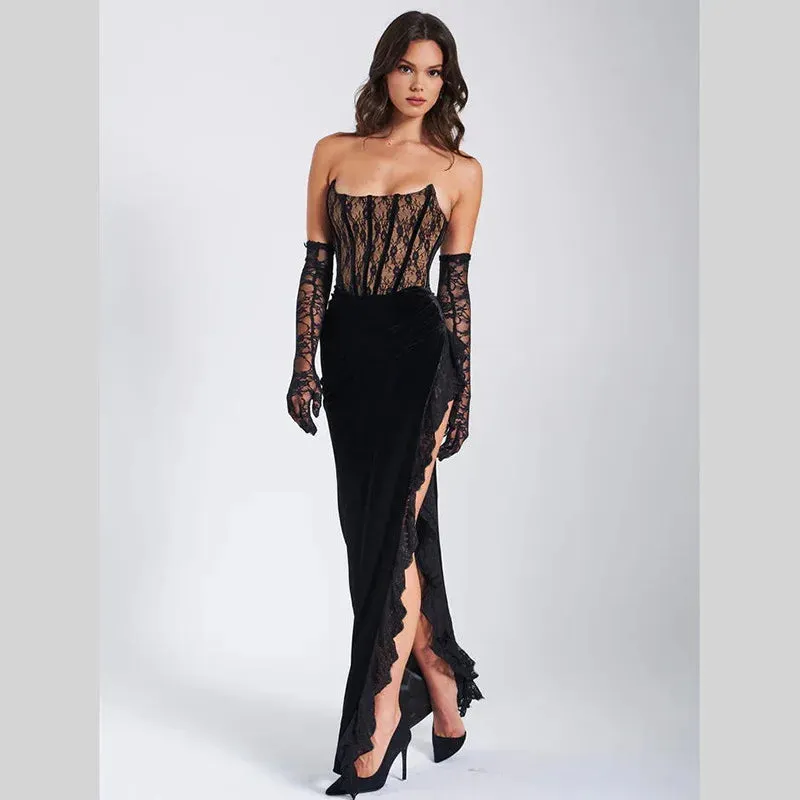 Black Lace Tube Charming Frill Slit Maxi Dress