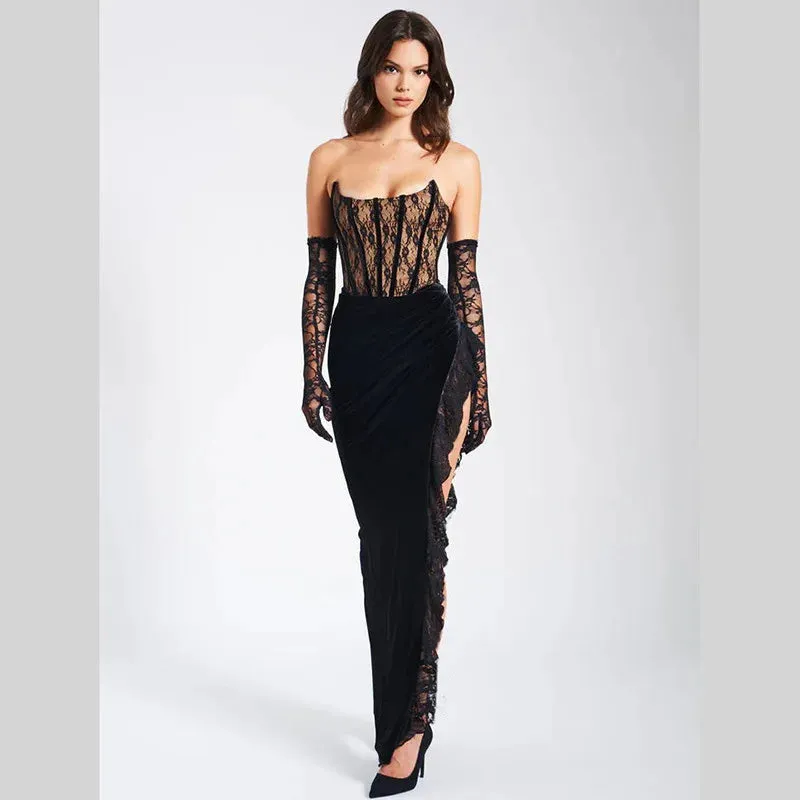 Black Lace Tube Charming Frill Slit Maxi Dress