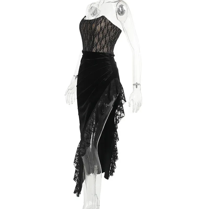Black Lace Tube Charming Frill Slit Maxi Dress