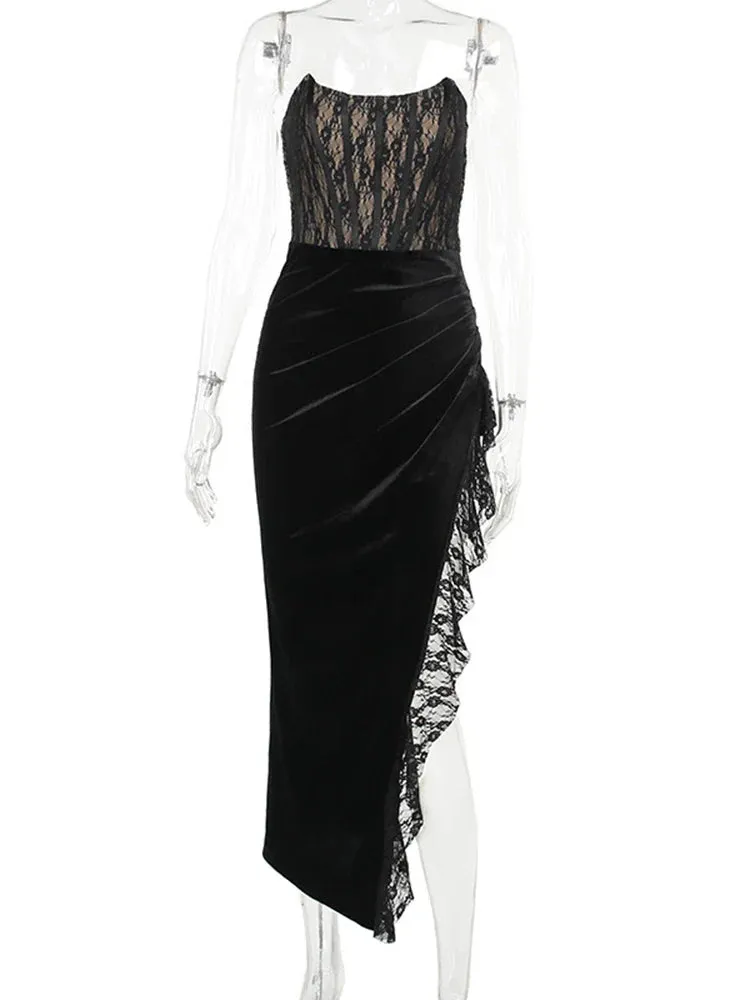 Black Lace Tube Charming Frill Slit Maxi Dress