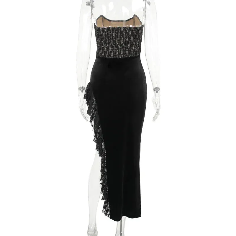 Black Lace Tube Charming Frill Slit Maxi Dress