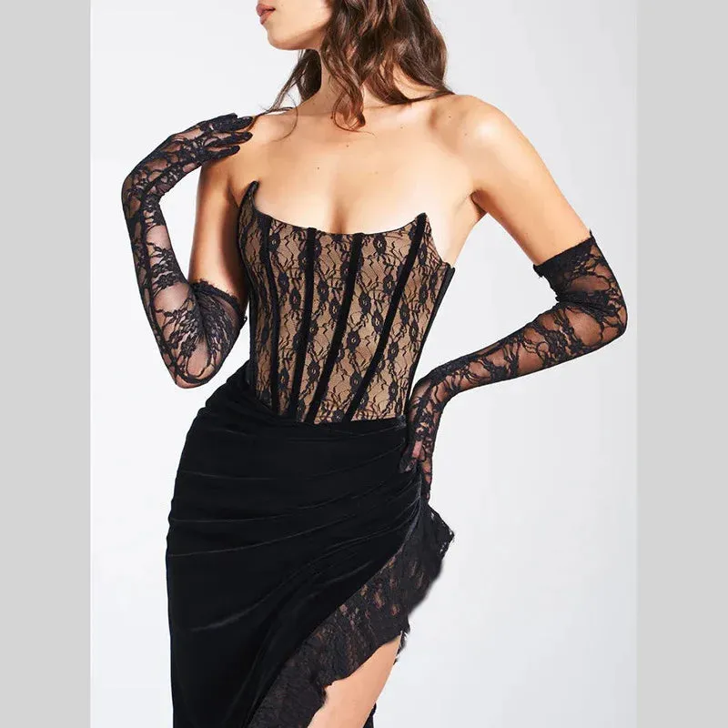 Black Lace Tube Charming Frill Slit Maxi Dress