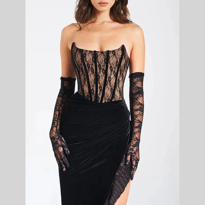 Black Lace Tube Charming Frill Slit Maxi Dress
