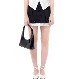 Black Pearl Floral Satin Clash Color Pleated Skirt