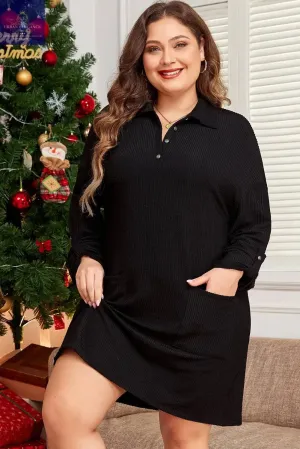 Black Ribbed Knit Plus Size Mini Dress