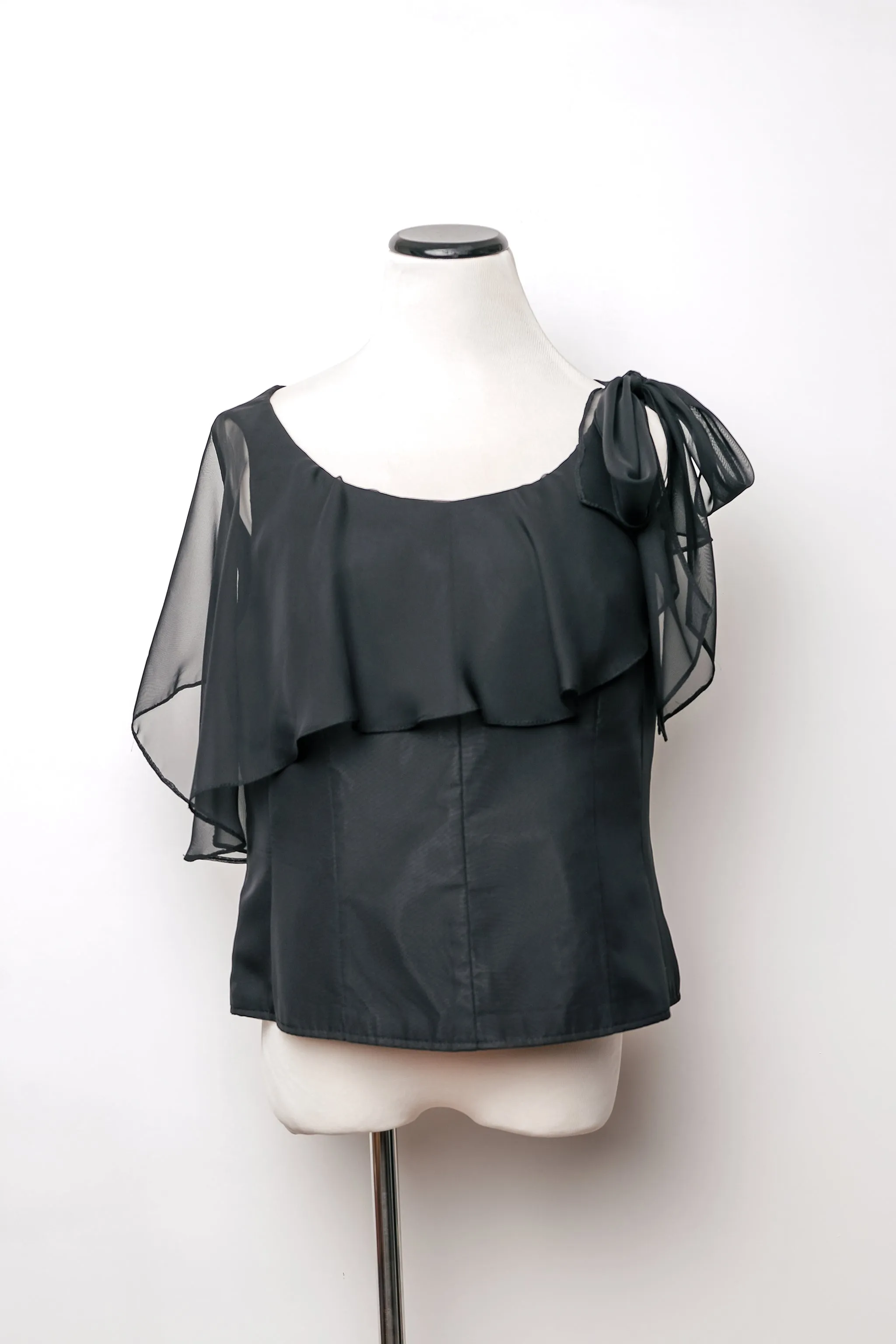 Black Sheer Ruffled Overlay Sleeveless Top Modern Avant Garde US XL 14, 90's Ricci Lizaso