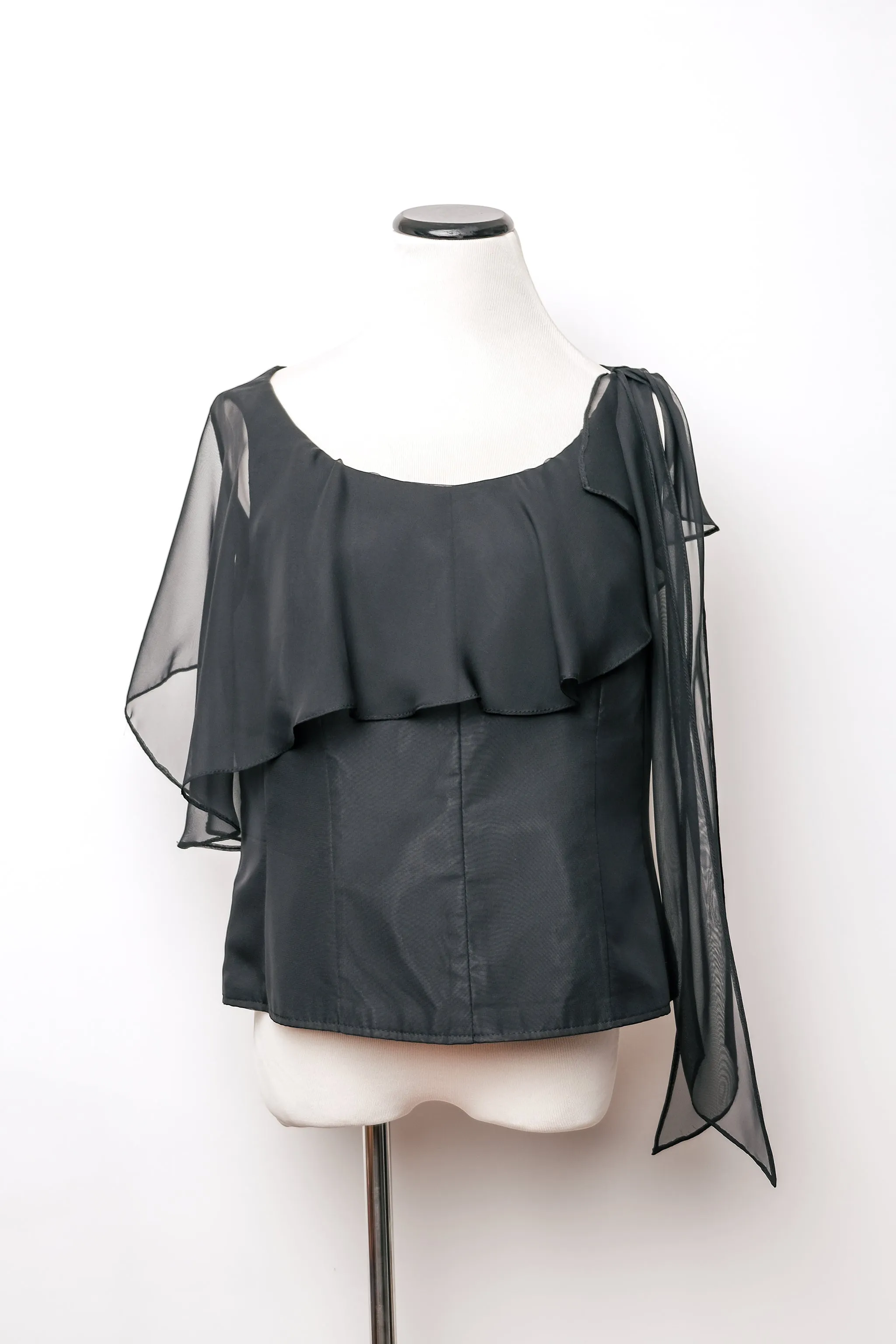 Black Sheer Ruffled Overlay Sleeveless Top Modern Avant Garde US XL 14, 90's Ricci Lizaso