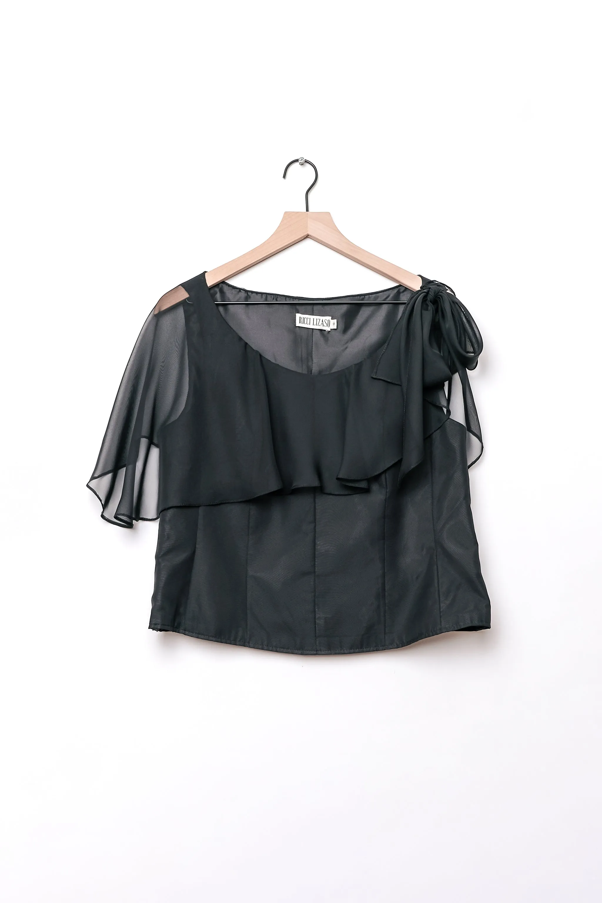 Black Sheer Ruffled Overlay Sleeveless Top Modern Avant Garde US XL 14, 90's Ricci Lizaso