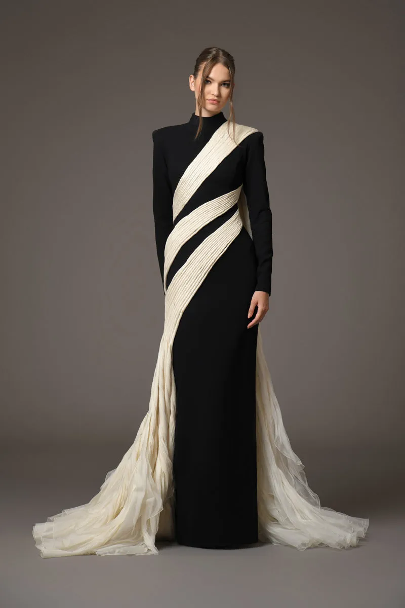 Black silk crêpe dress, with a dramatic mermaid tail of rippling silk organza