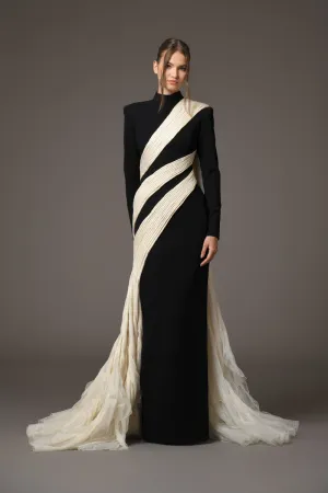 Black silk crêpe dress, with a dramatic mermaid tail of rippling silk organza