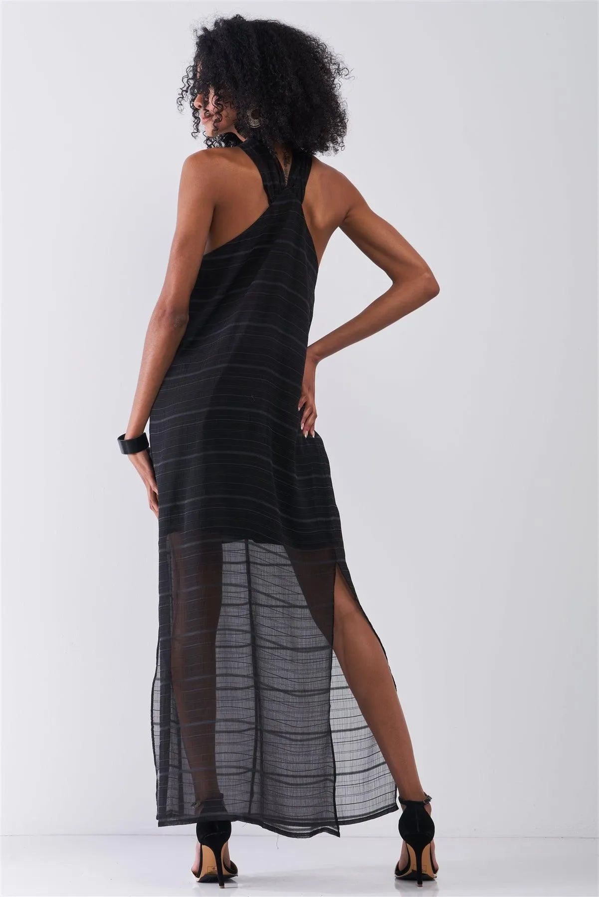 Black Stripped Chiffon Criss-Cross Maxi Dress /1-1-2