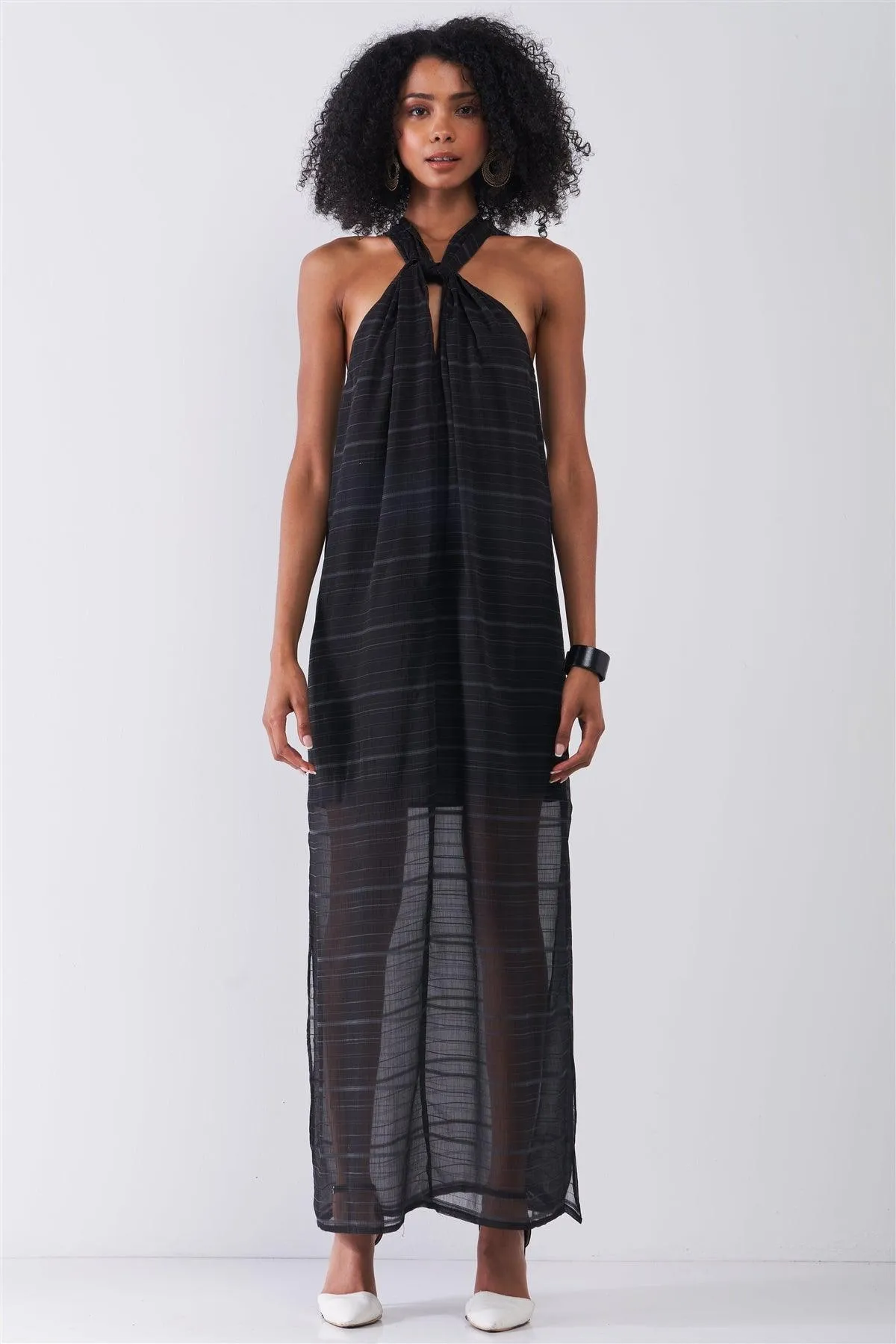Black Stripped Chiffon Criss-Cross Maxi Dress /1-1-2