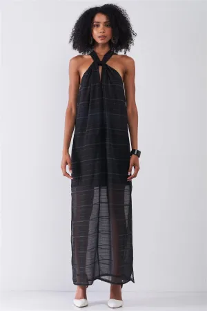 Black Stripped Chiffon Criss-Cross Maxi Dress /1-1-2