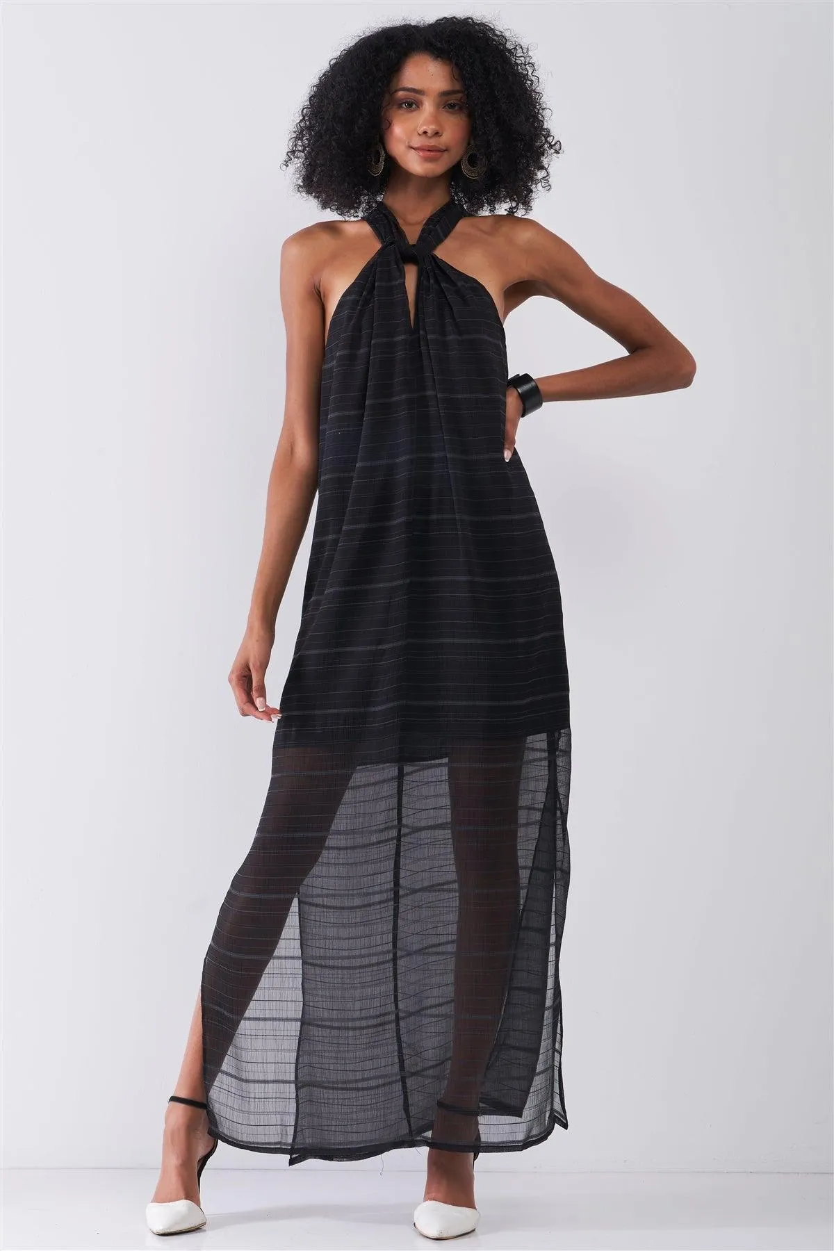 Black Stripped Chiffon Criss-Cross Maxi Dress /1-1-2