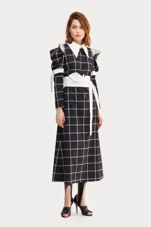 Black Stylish Cold Shoulder Long Sleeve Plaid Dress With Belt