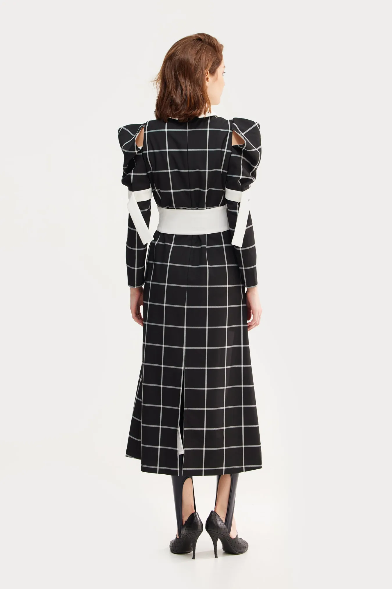 Black Stylish Cold Shoulder Long Sleeve Plaid Dress With Belt