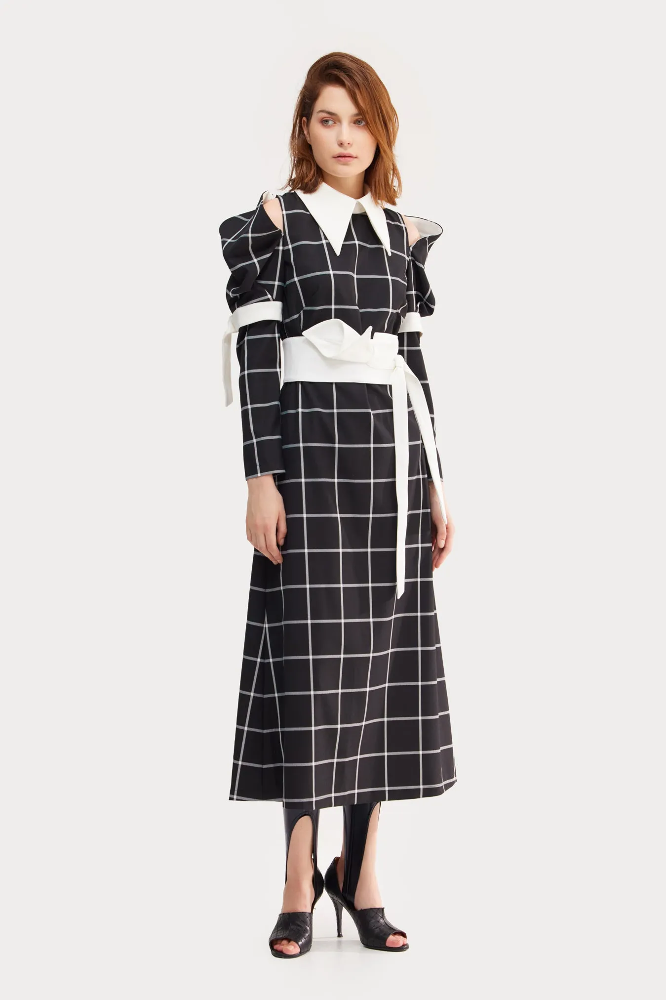 Black Stylish Cold Shoulder Long Sleeve Plaid Dress With Belt