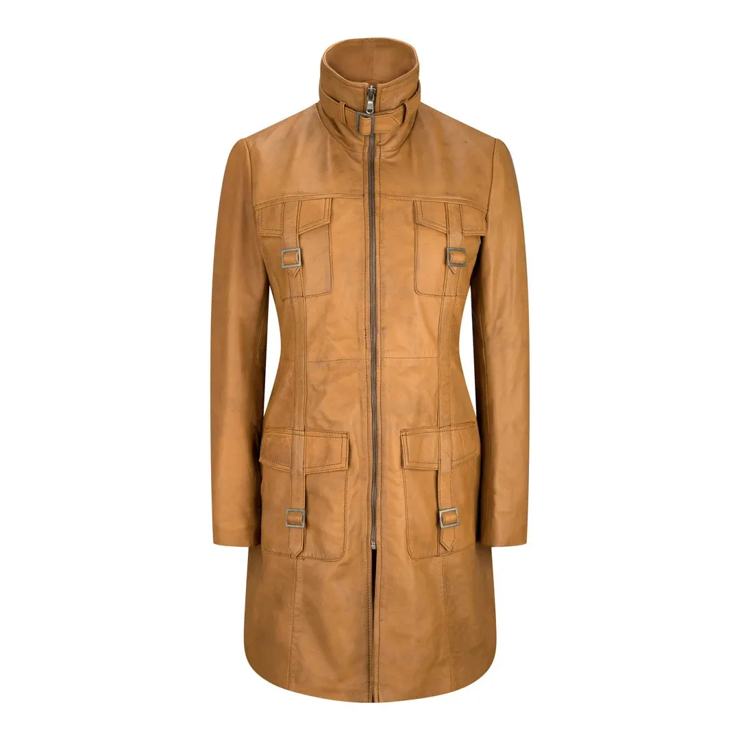 Black Tan Women's Woman's Soft Washed Leather Jacket Trench Coat