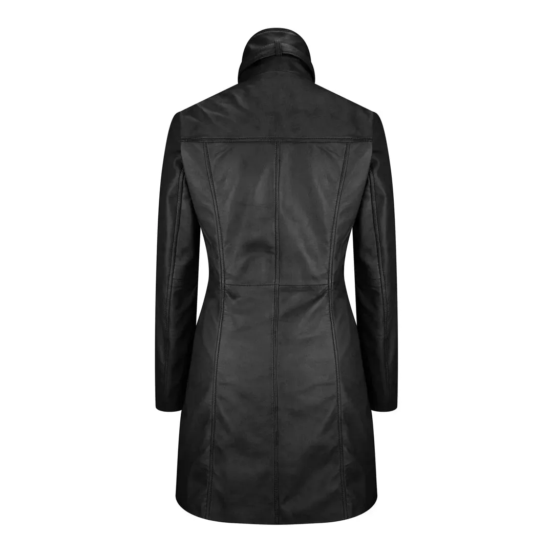 Black Tan Women's Woman's Soft Washed Leather Jacket Trench Coat