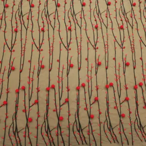 Black Tulle with Red 3D High Relief Balls and Branches Embroidered Fabric