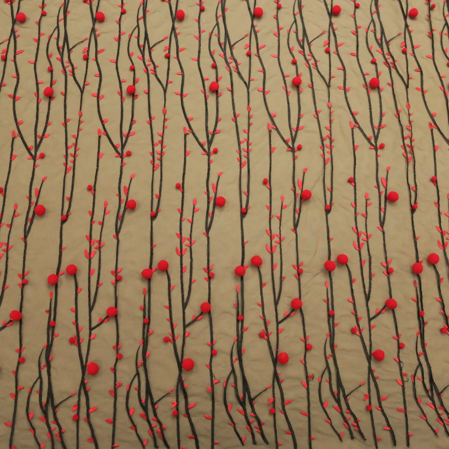 Black Tulle with Red 3D High Relief Balls and Branches Embroidered Fabric
