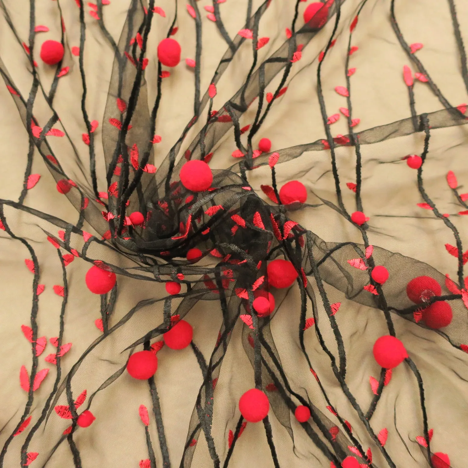 Black Tulle with Red 3D High Relief Balls and Branches Embroidered Fabric